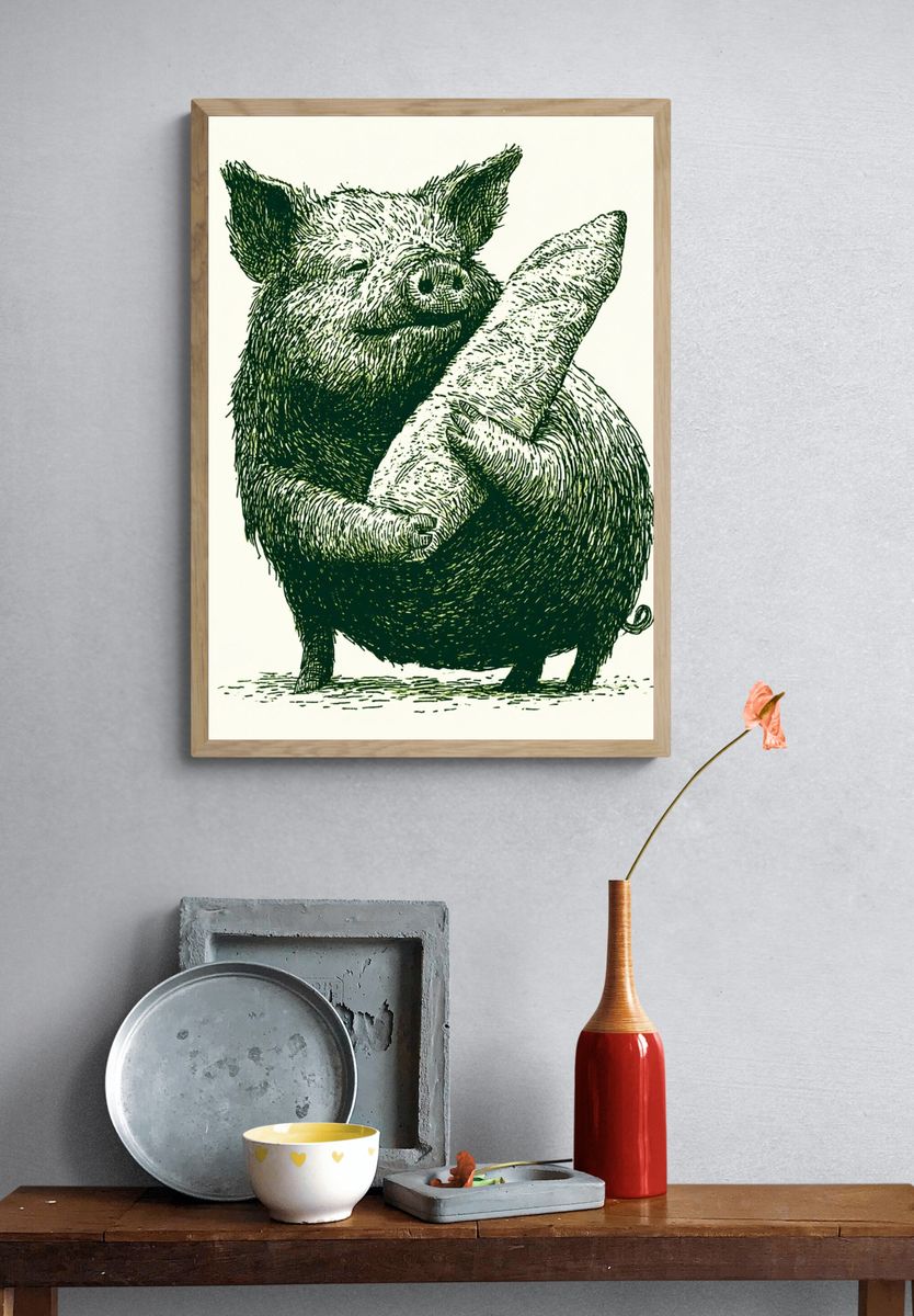Pig with Baguette Illustration Poster. — room view 3