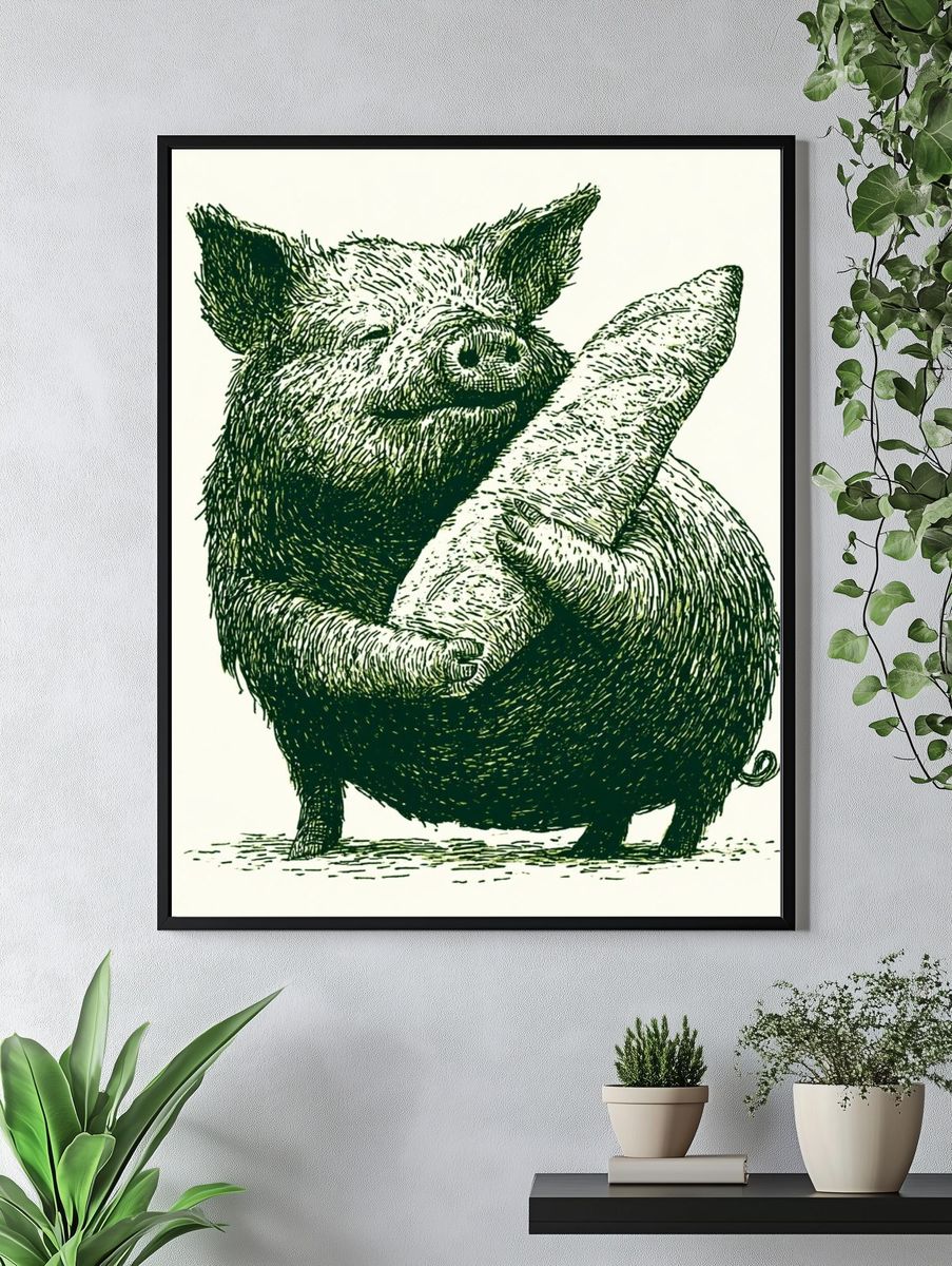 Pig with Baguette Illustration Poster. — room view 4
