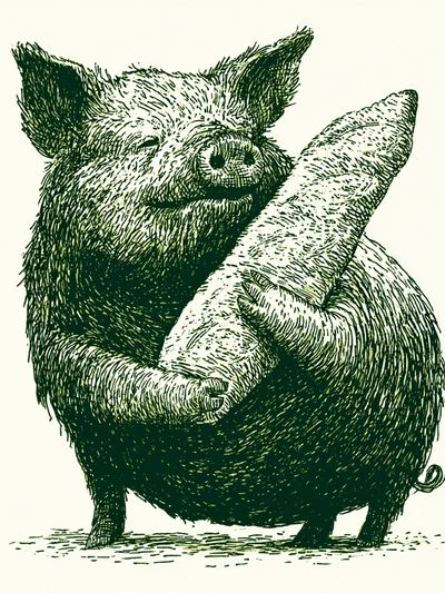 Pig with Baguette Illustration Poster.