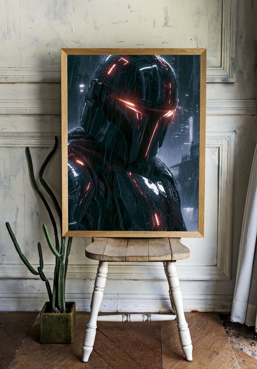 Cyberpunk Helmet Rain Poster. room preview