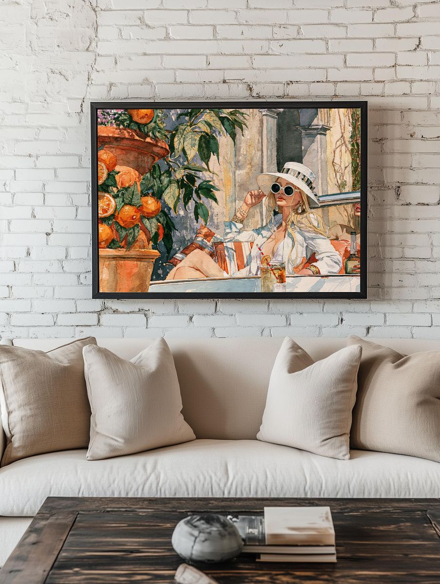 Sunlit Café Woman Watercolor Print. room preview