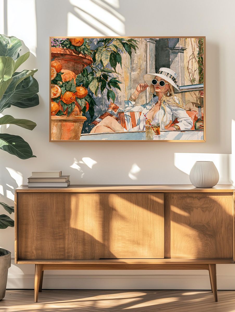 Sunlit Café Woman Watercolor Print. — room view 3