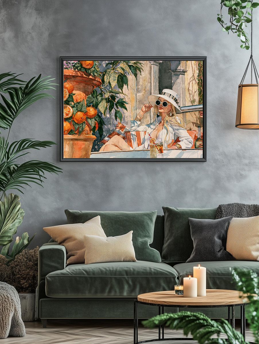 Sunlit Café Woman Watercolor Print. — room view 4