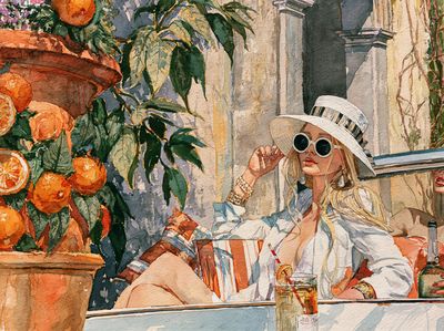 Sunlit Café Woman Watercolor Print.