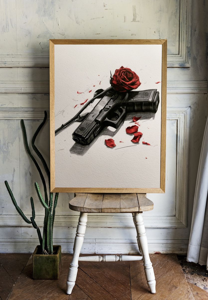 Rose and Pistol Illustration Poster. room preview