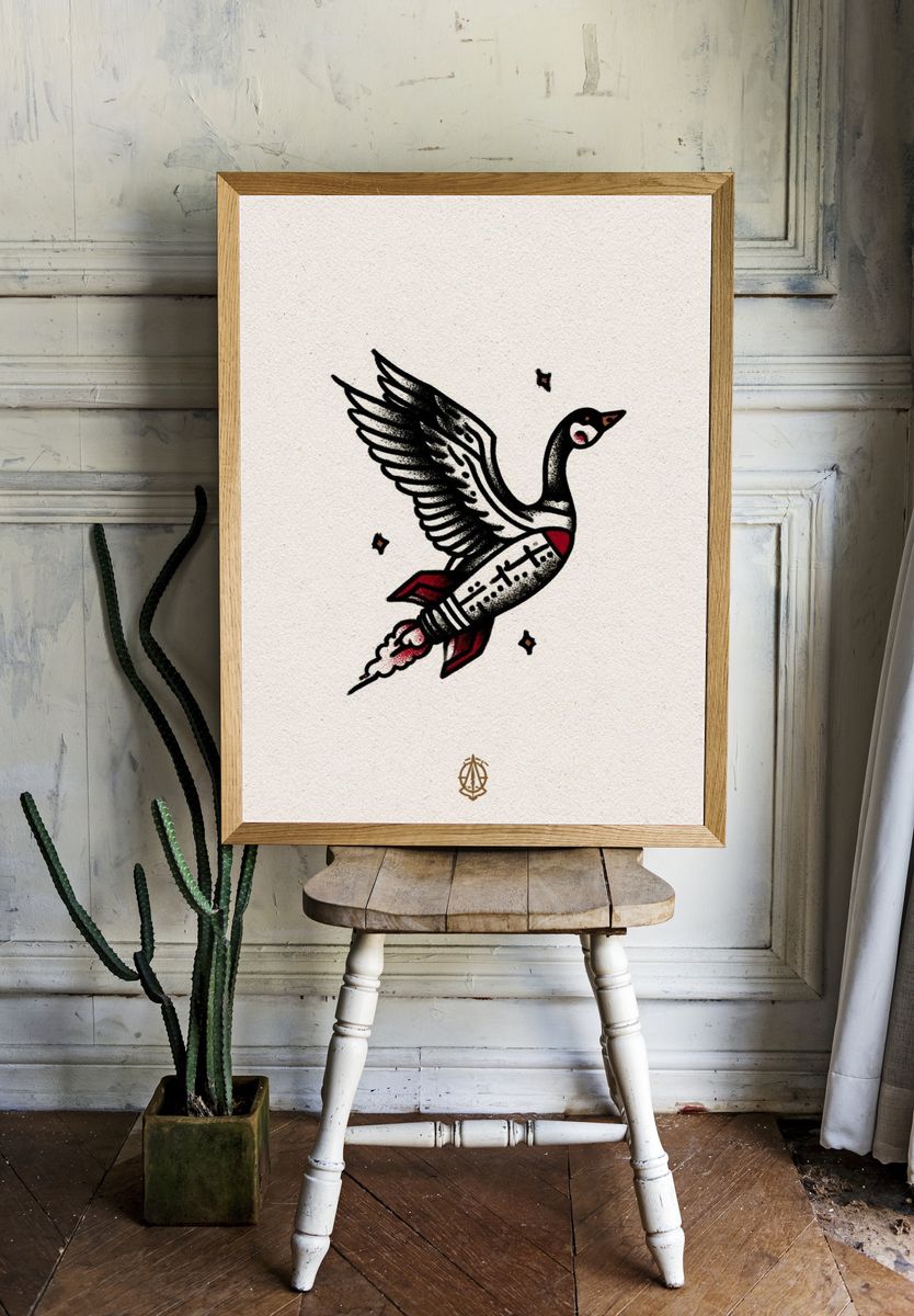 Flying Goose Tattoo Style Poster. room preview