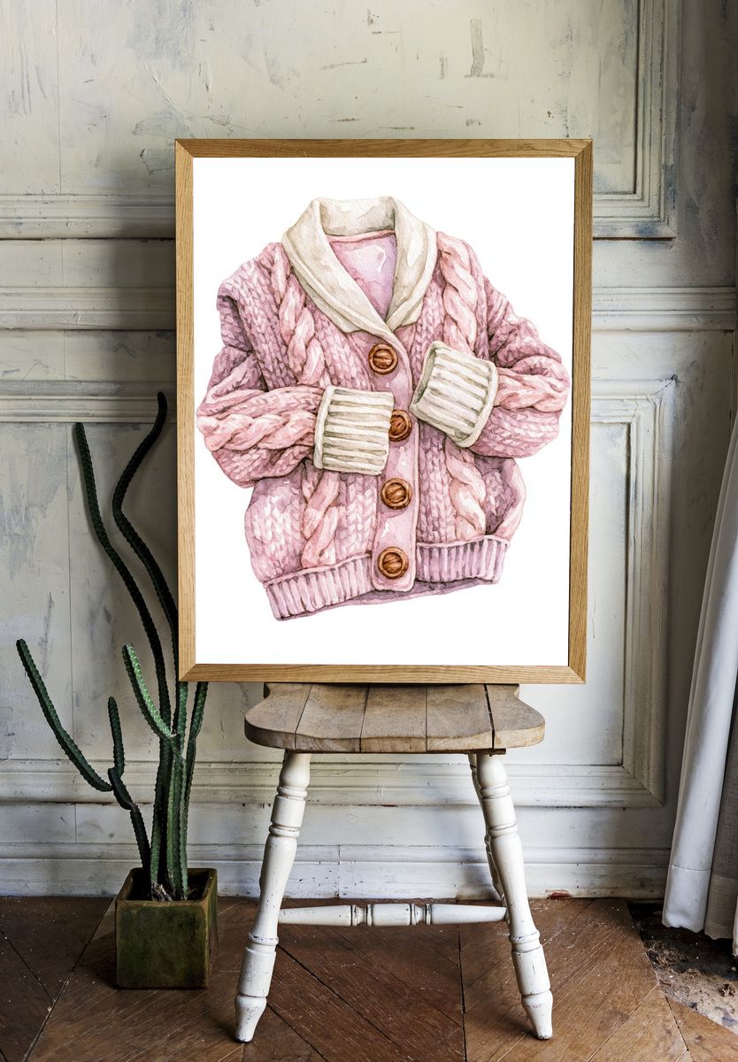 Pink Knit Cardigan Watercolor Print. room preview
