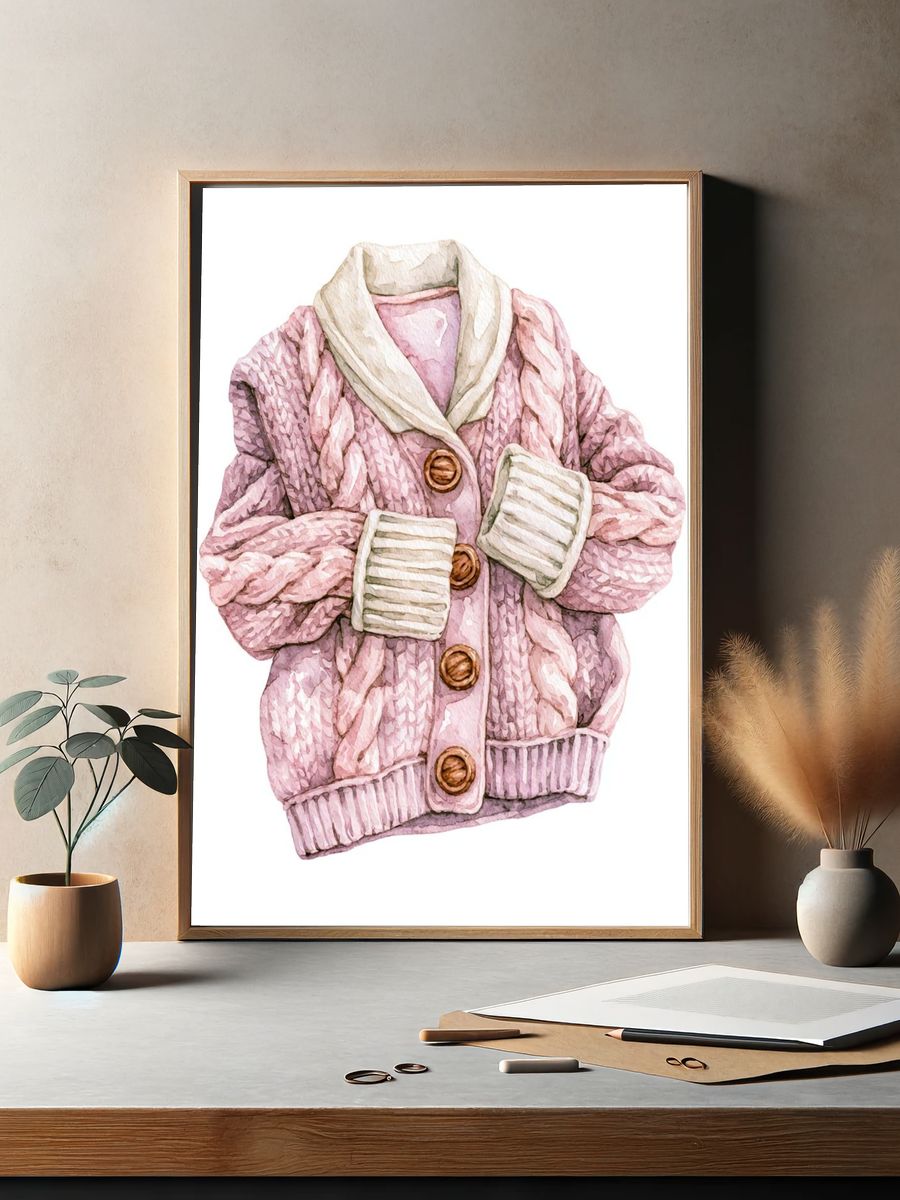Pink Knit Cardigan Watercolor Print. — room view 2