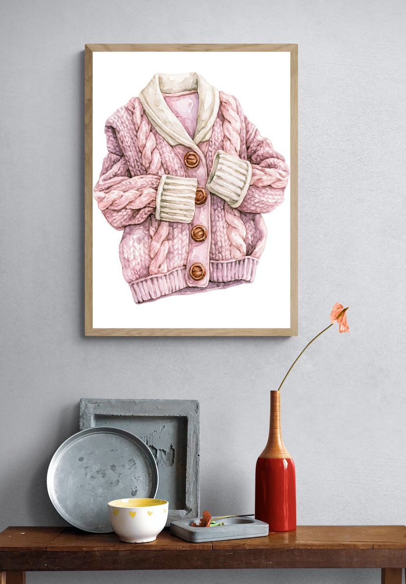 Pink Knit Cardigan Watercolor Print. — room view 3