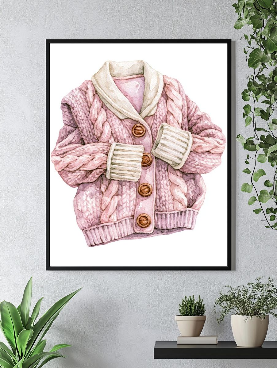 Pink Knit Cardigan Watercolor Print. — room view 4
