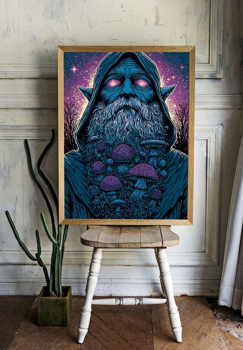 Mystic Mushroom Wizard Illustration Poster. — room view 1