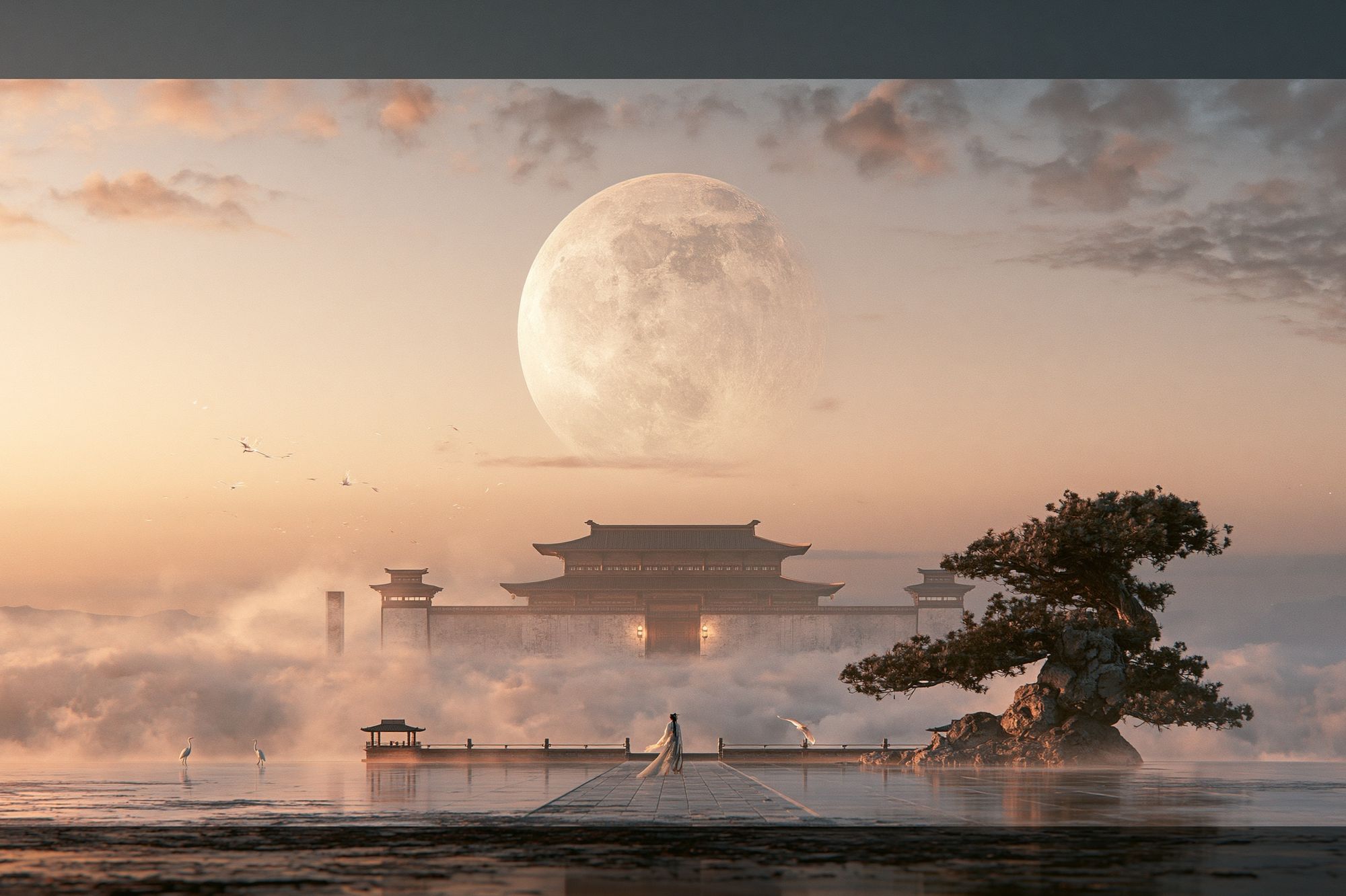 Moonlit Temple Landscape Print. poster detail