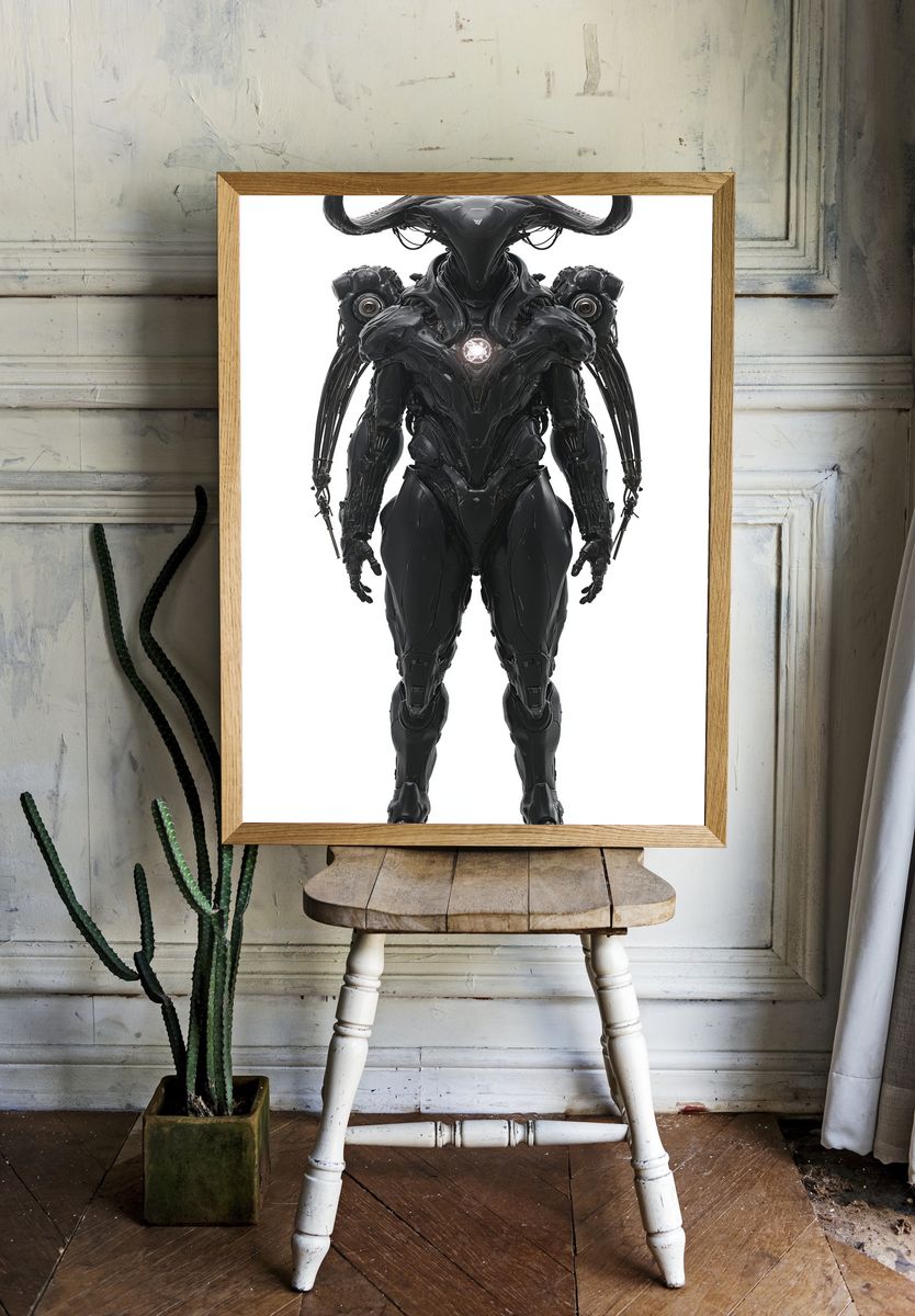 Horned Mech Warrior Sci-Fi Print. room preview