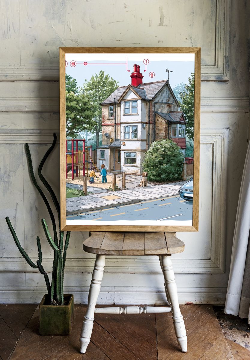 Suburban House Street Scene Illustration Print. room preview
