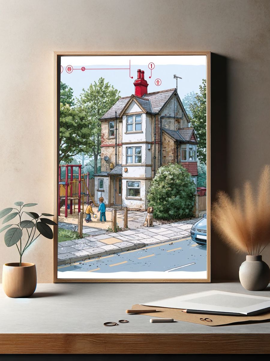 Suburban House Street Scene Illustration Print. — room view 2