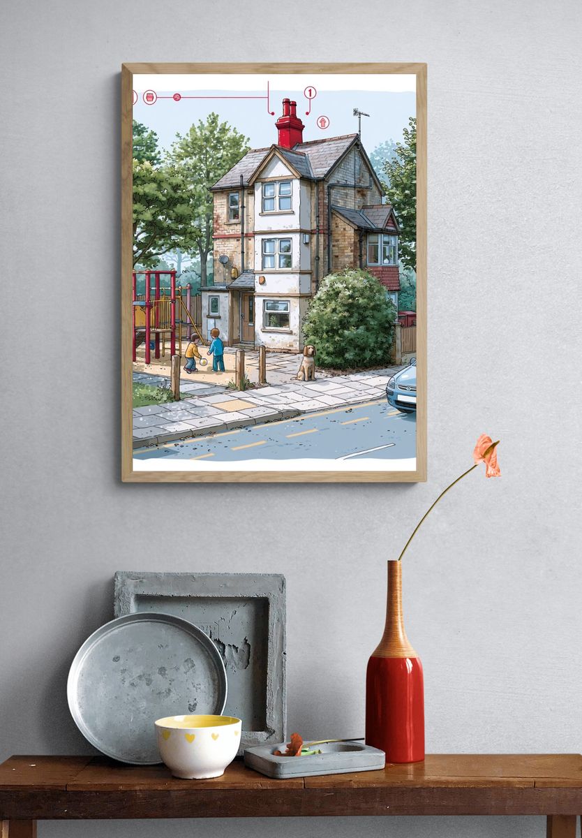 Suburban House Street Scene Illustration Print. — room view 3