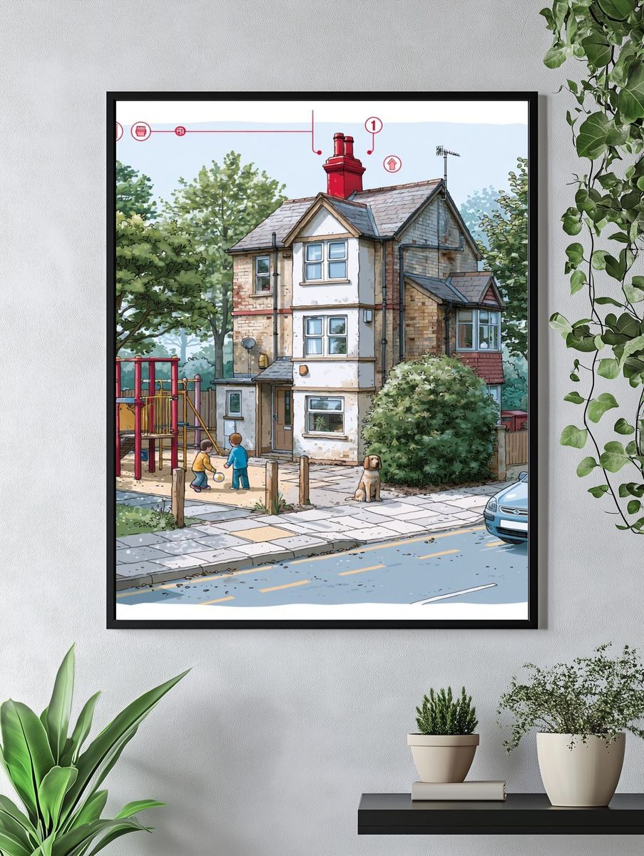 Suburban House Street Scene Illustration Print. — room view 4