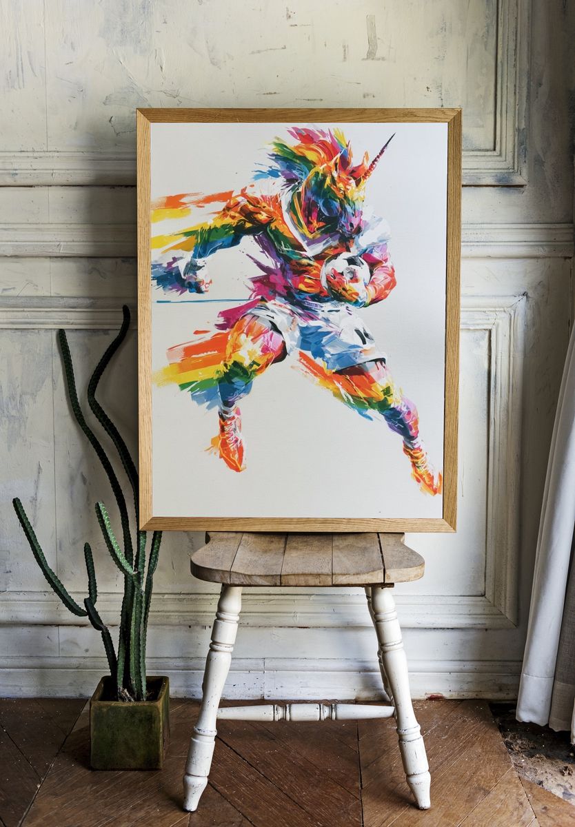 Rainbow Unicorn Soccer Poster. room preview