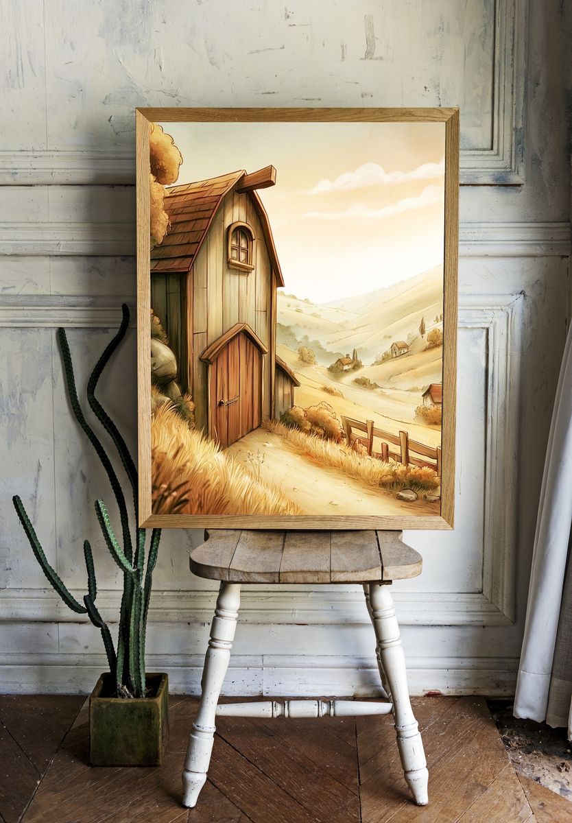 Sunlit Countryside Cottage Illustration Poster. room preview