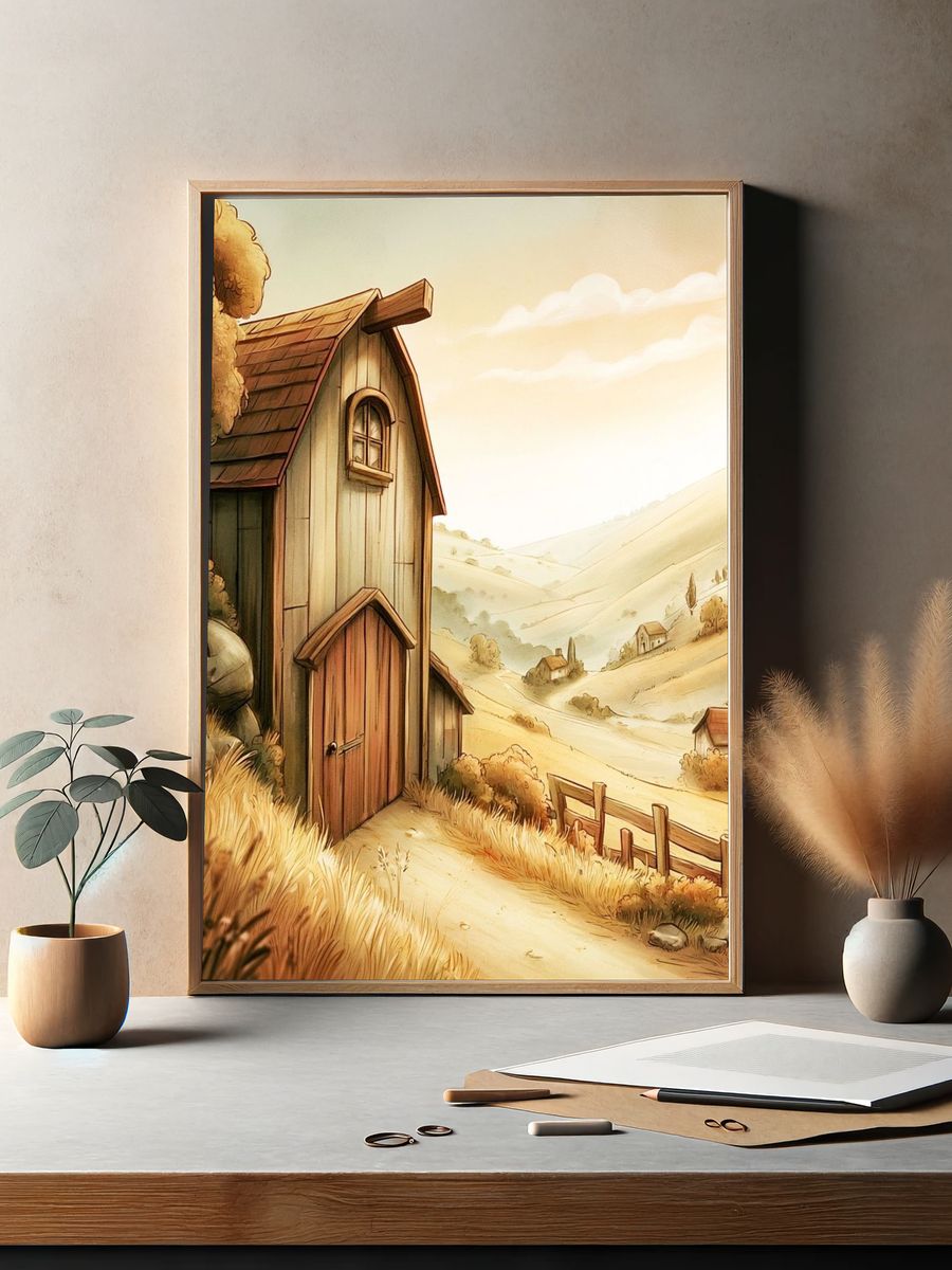 Sunlit Countryside Cottage Illustration Poster. — room view 2