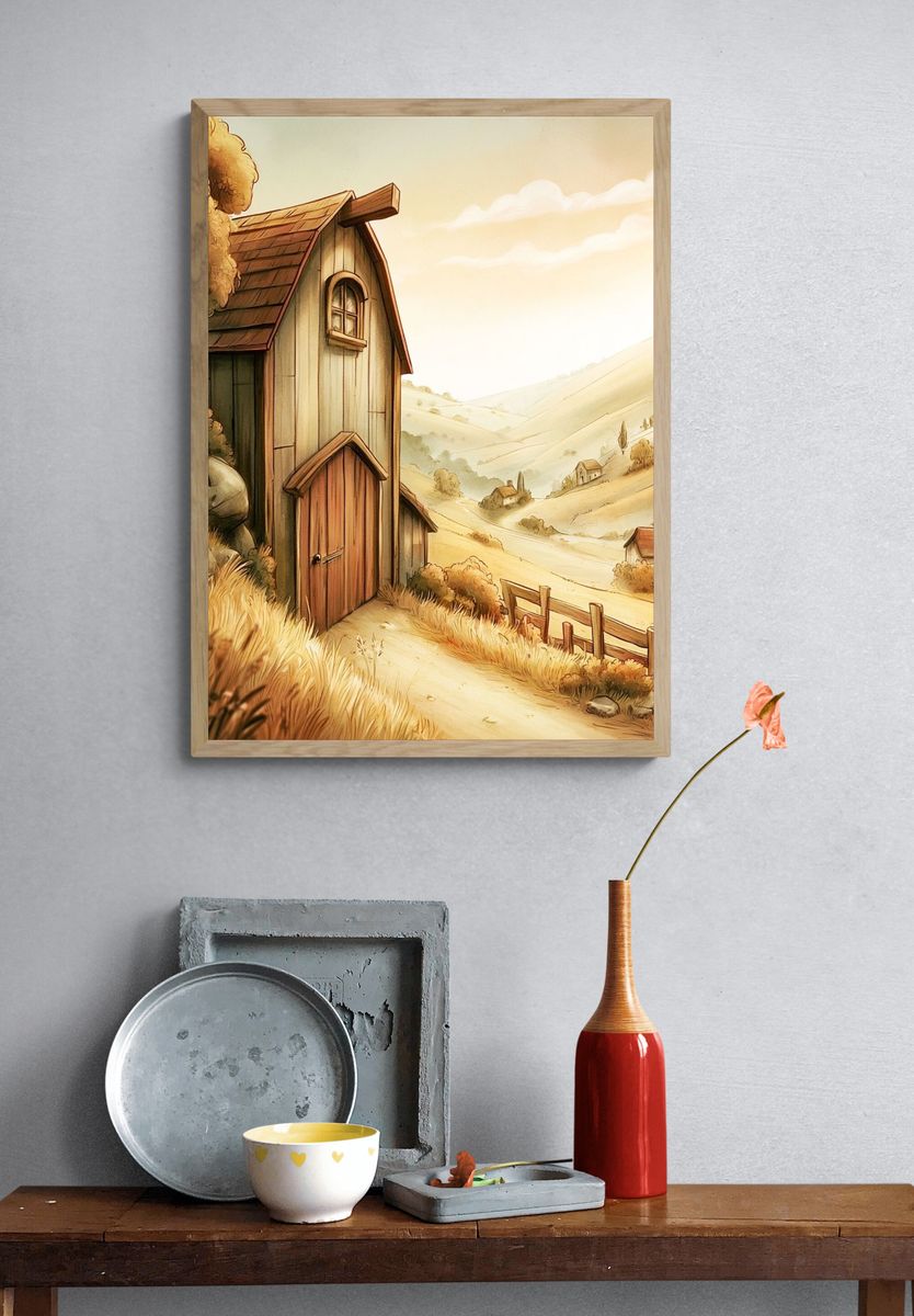 Sunlit Countryside Cottage Illustration Poster. — room view 3