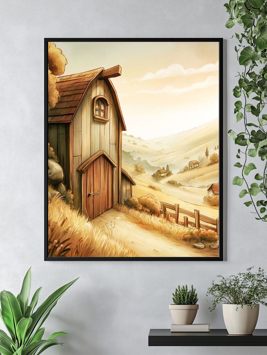 Sunlit Countryside Cottage Illustration Poster. — room view 4