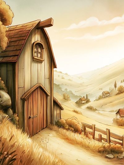 Sunlit Countryside Cottage Illustration Poster.