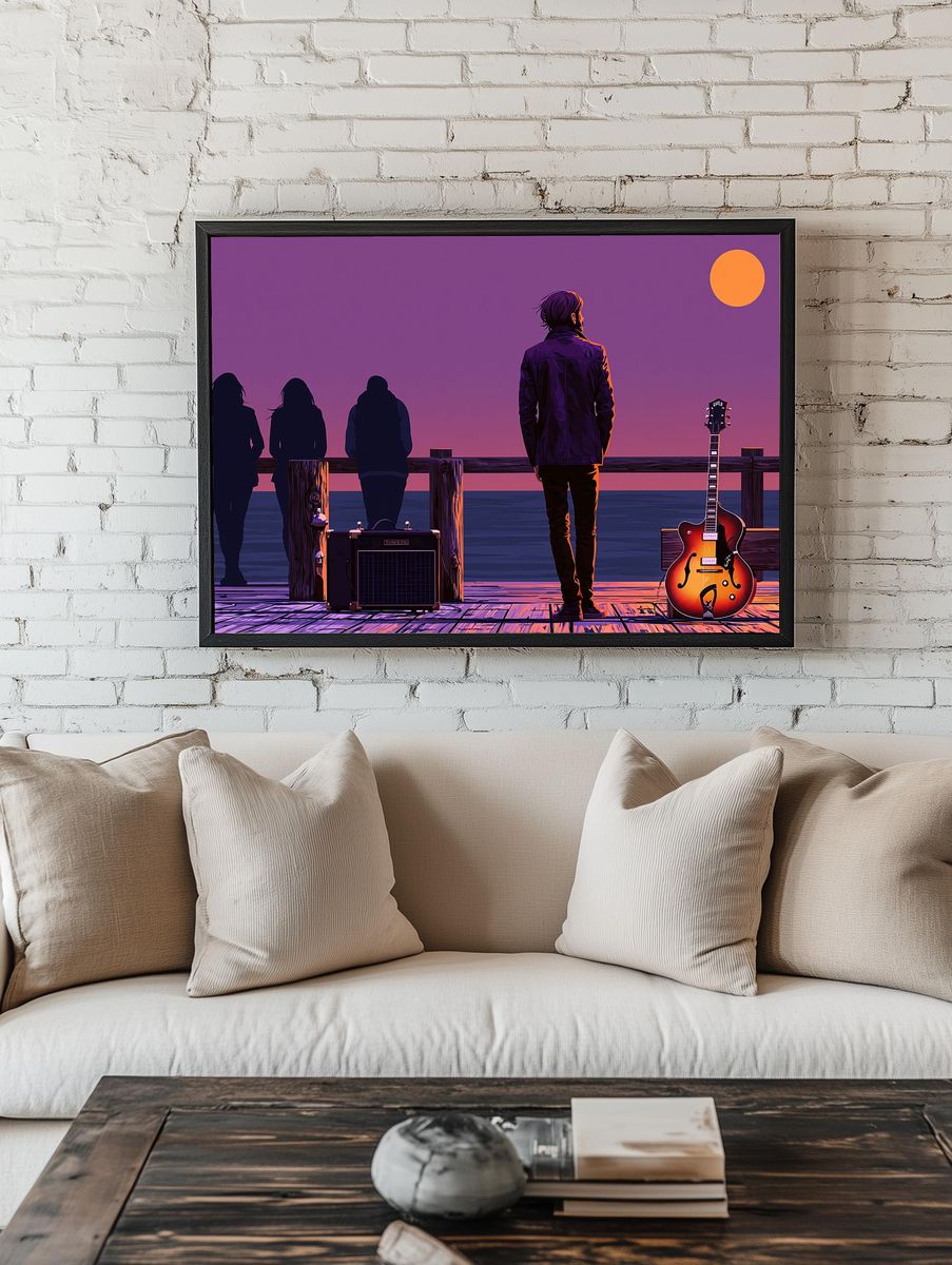 Sunset Guitar Pier Illustration Poster. — room view 1