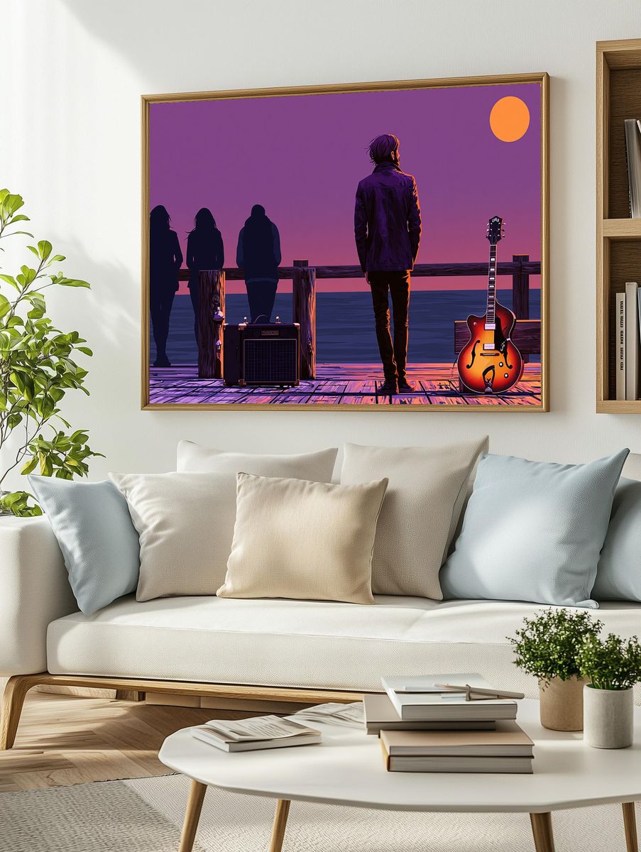 Sunset Guitar Pier Illustration Poster. — room view 2