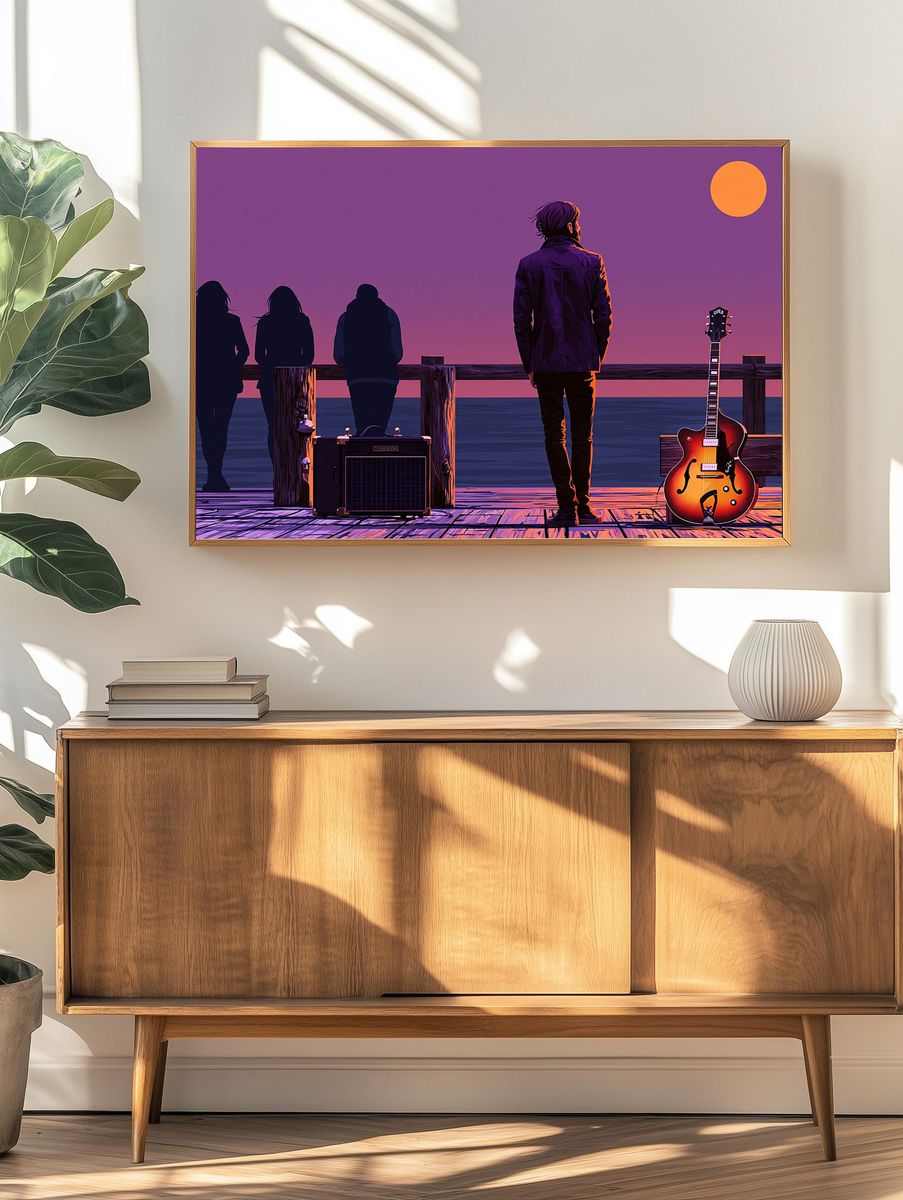 Sunset Guitar Pier Illustration Poster. — room view 3