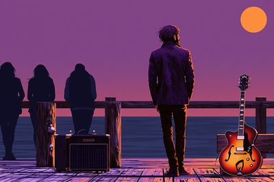 Sunset Guitar Pier Illustration Poster. poster