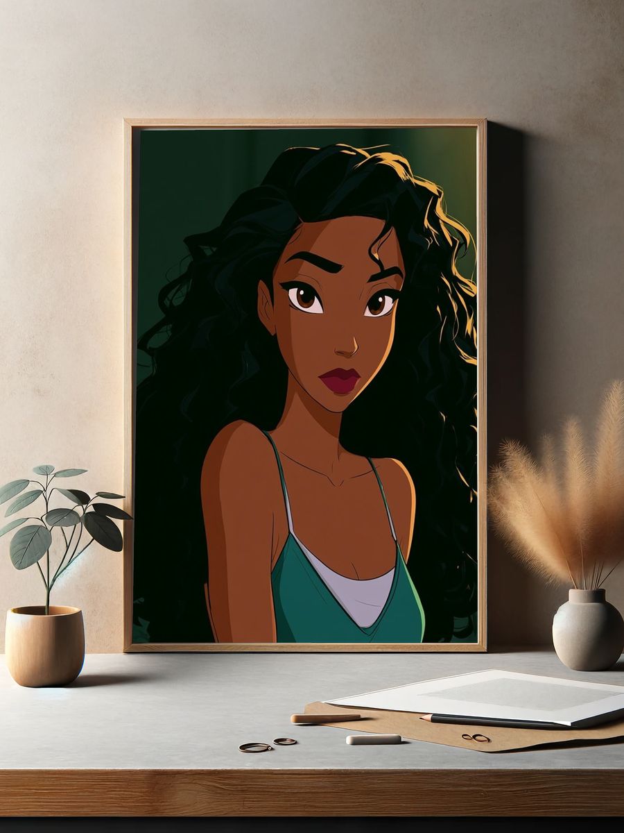 Curly-Haired Woman Portrait Print. — room view 2