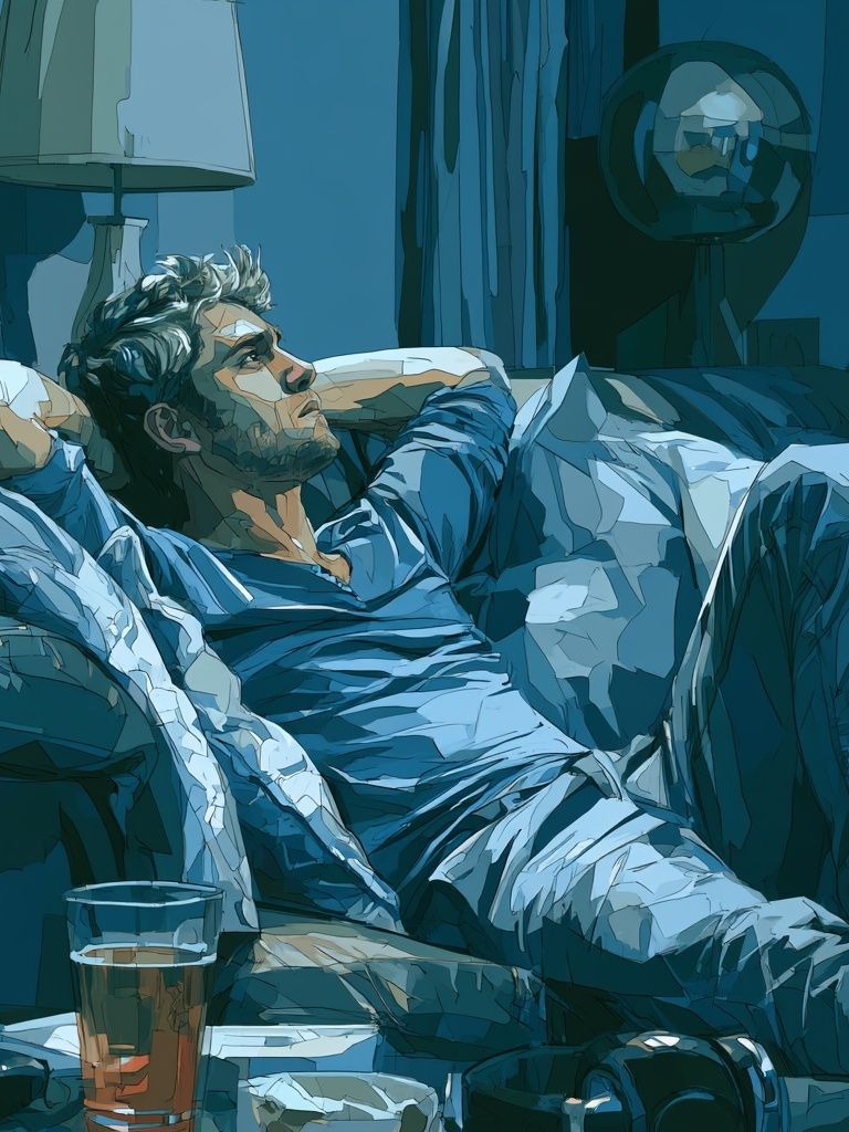 Contemplative Man on Couch Illustration Poster. poster — illustration art
