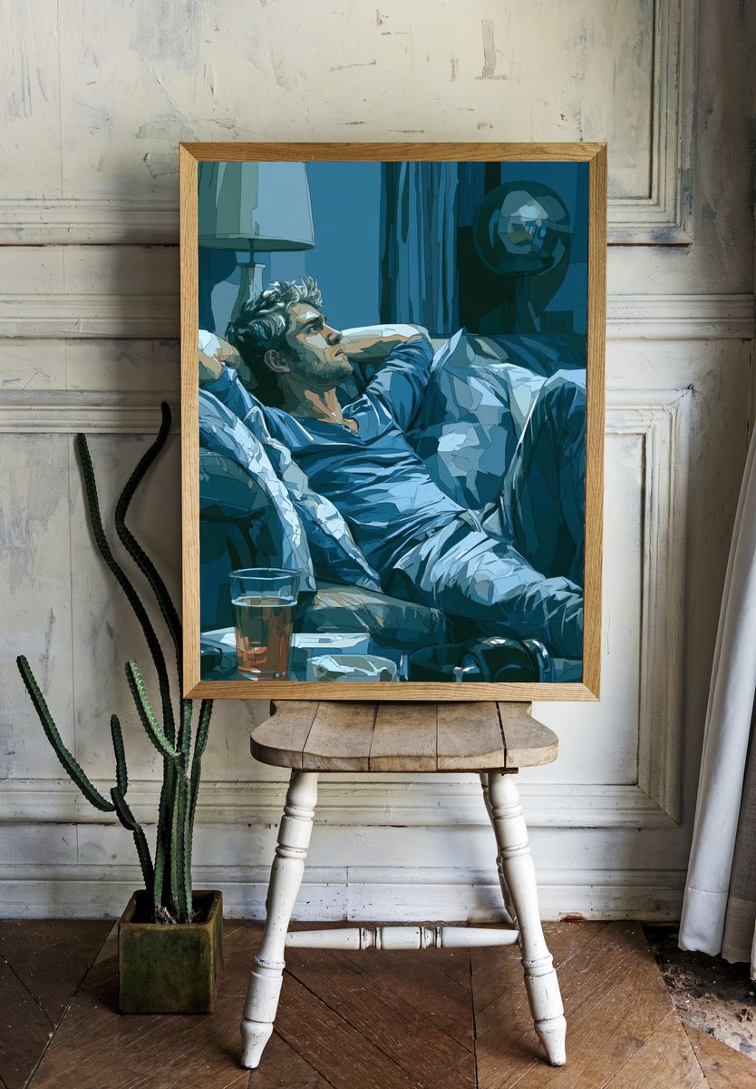 Contemplative Man on Couch Illustration Poster. room preview
