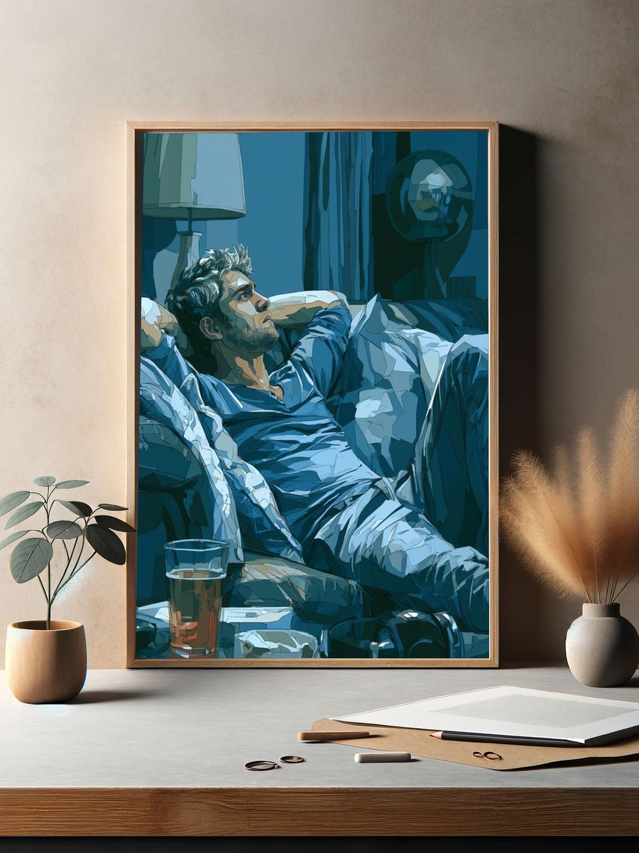 Contemplative Man on Couch Illustration Poster. — room view 2