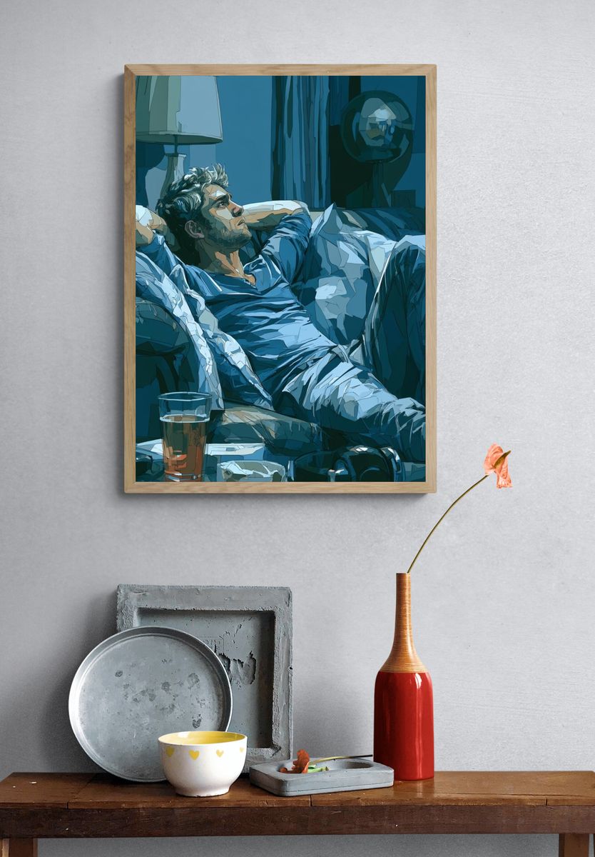 Contemplative Man on Couch Illustration Poster. — room view 3