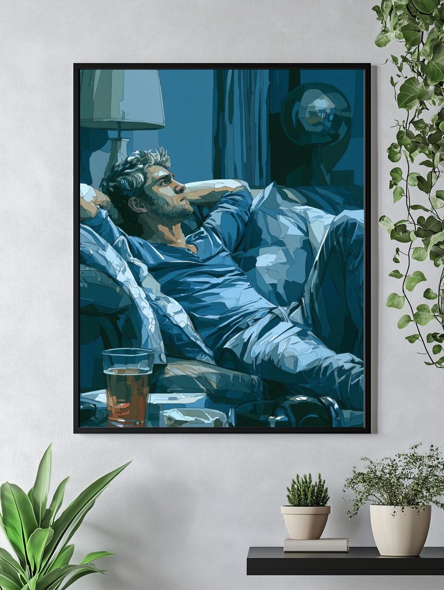 Contemplative Man on Couch Illustration Poster. — room view 4