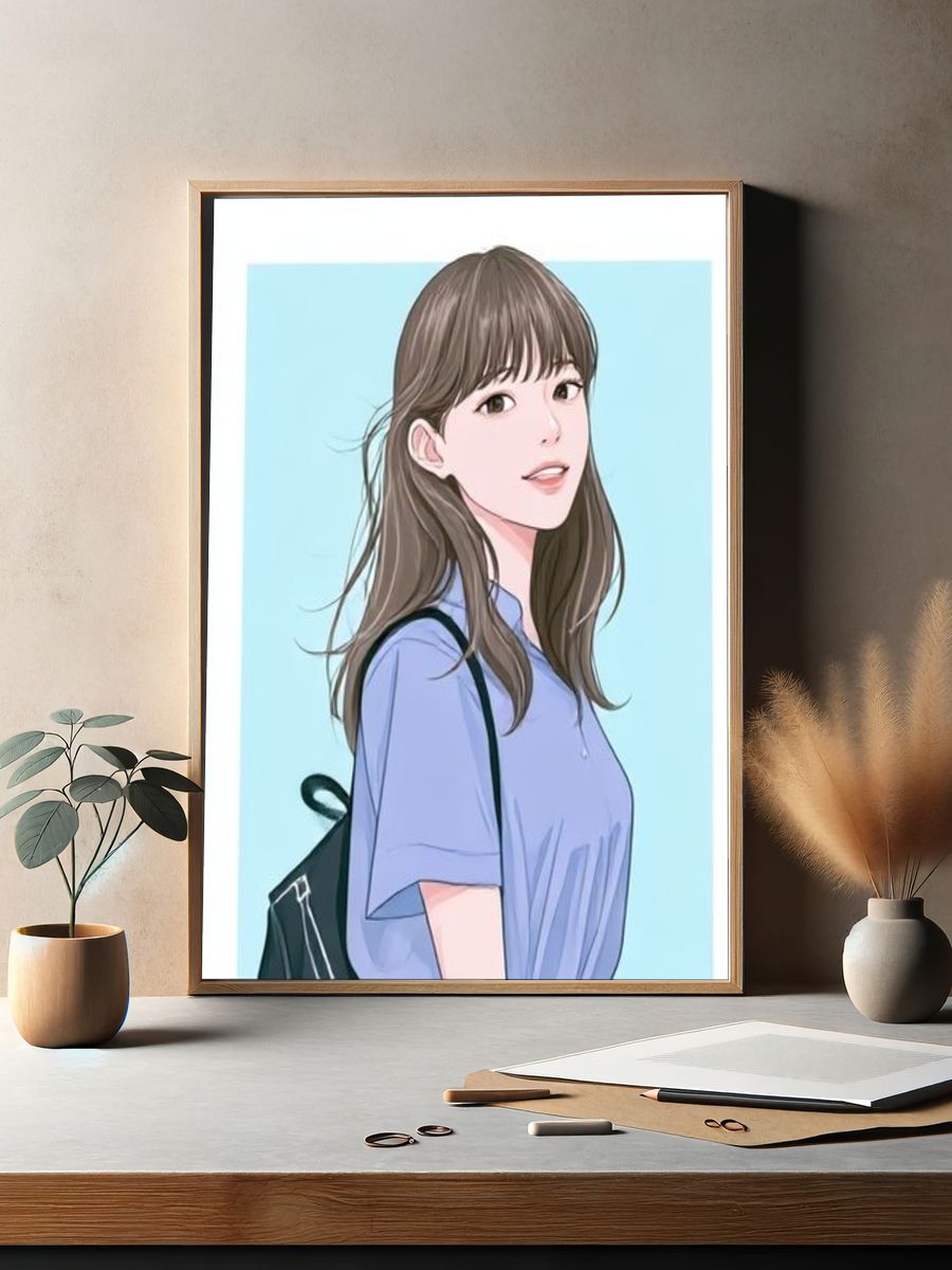 Young Woman Portrait Illustration Poster. — room view 2
