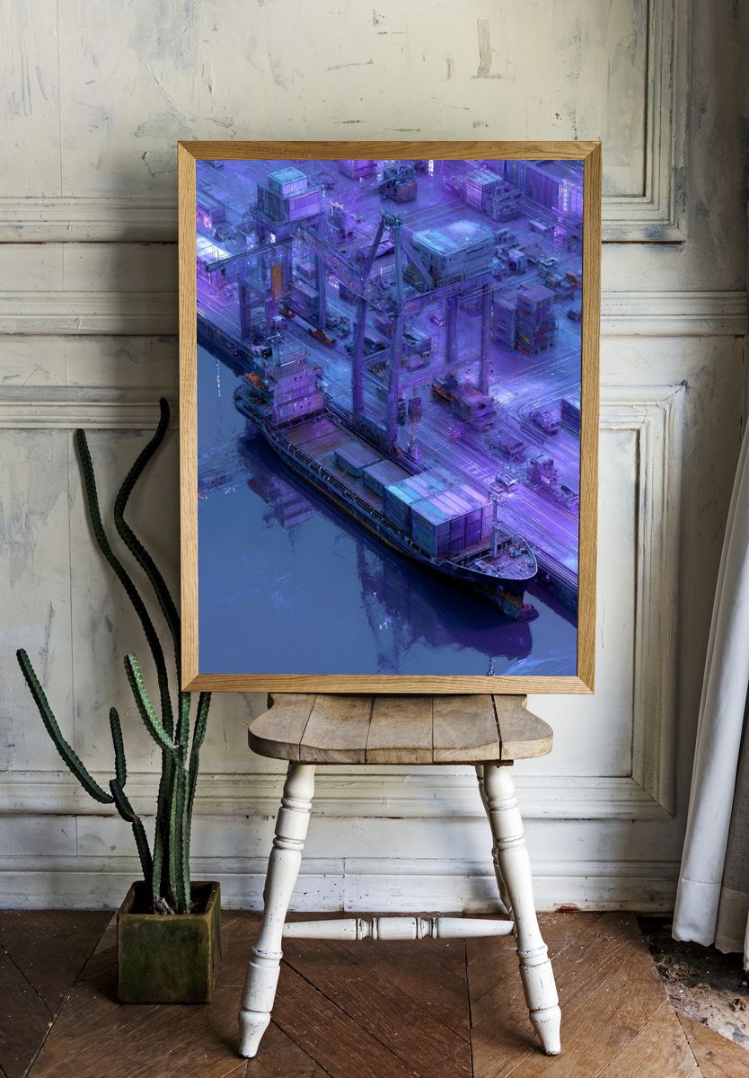 Neon Harbor Crane Digital Art Poster. room preview
