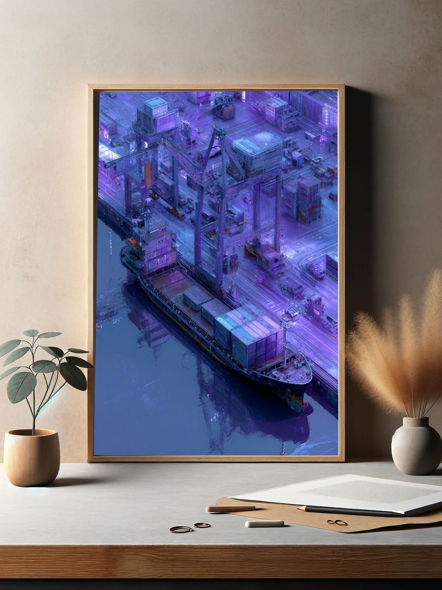 Neon Harbor Crane Digital Art Poster. — room view 2