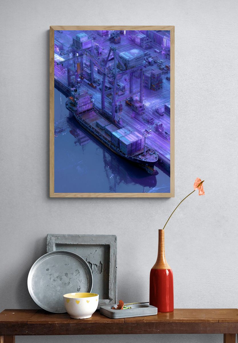 Neon Harbor Crane Digital Art Poster. — room view 3