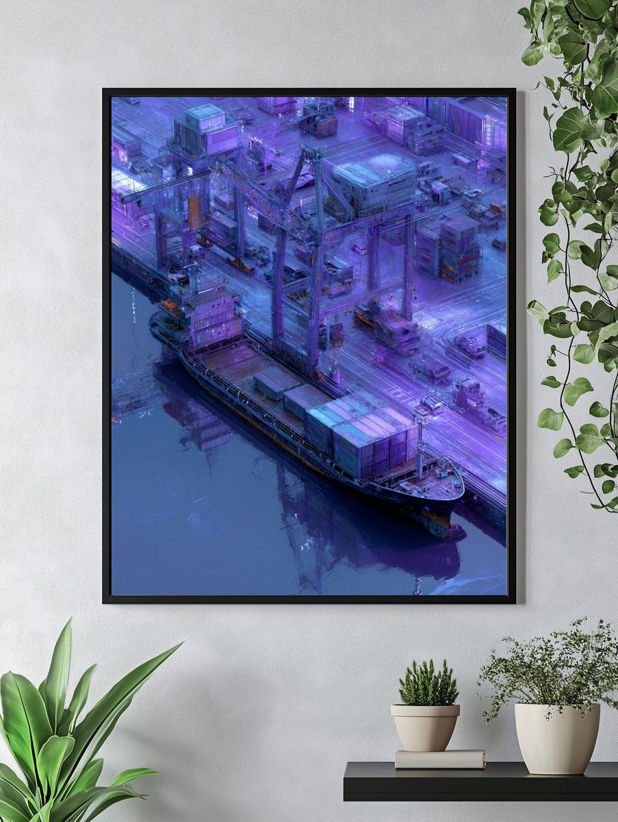 Neon Harbor Crane Digital Art Poster. — room view 4