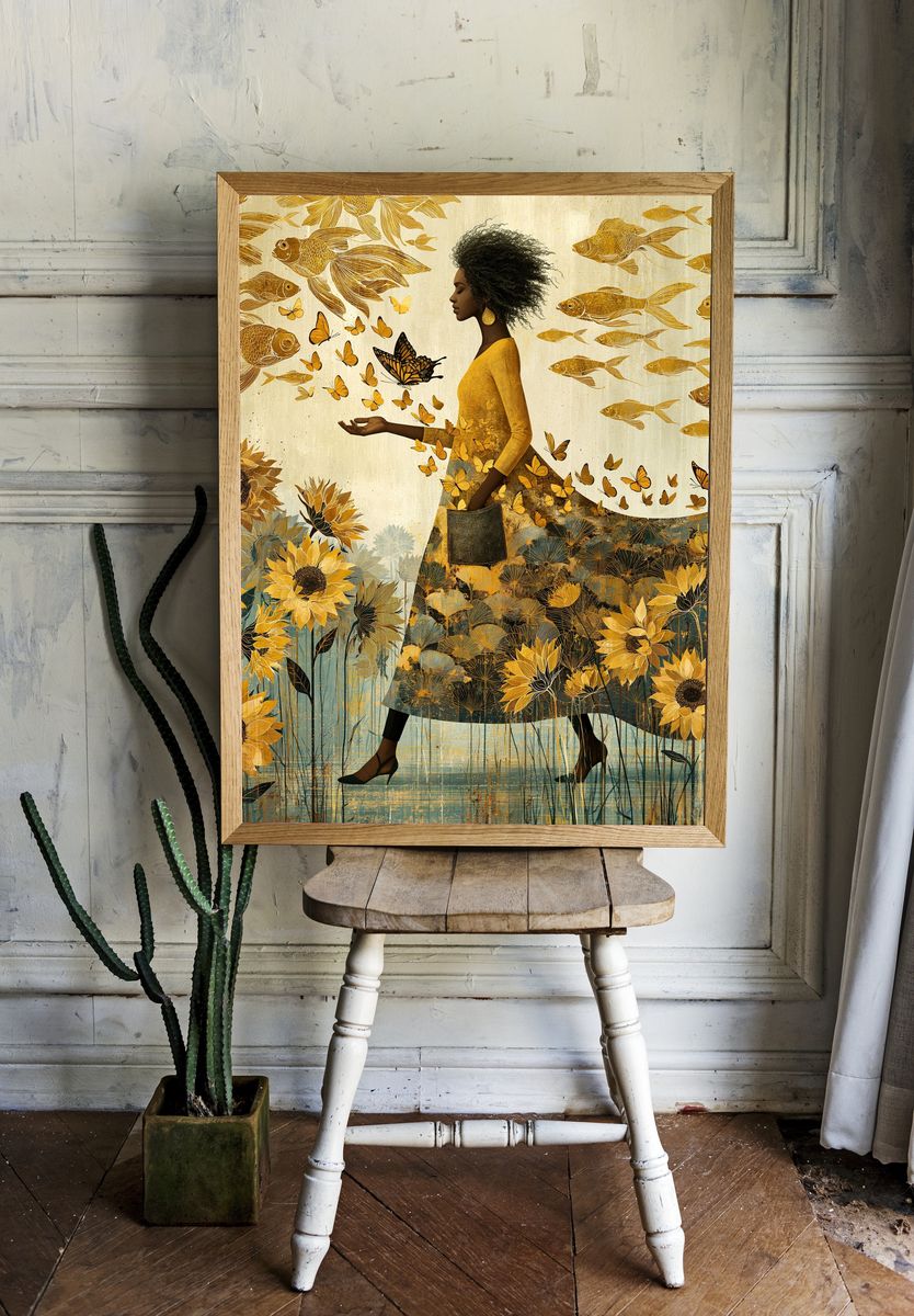 Golden Bloom Woman Illustration Poster. — room view 1