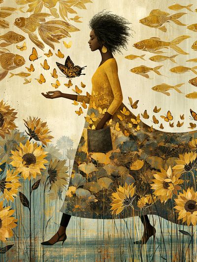 Golden Bloom Woman Illustration Poster.
