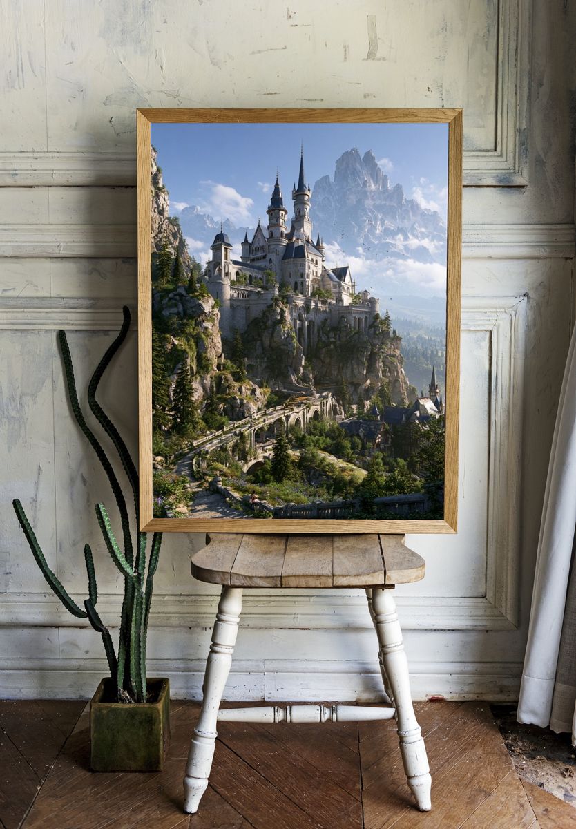 Fantasy Mountain Castle Illustration Poster. — room view 1