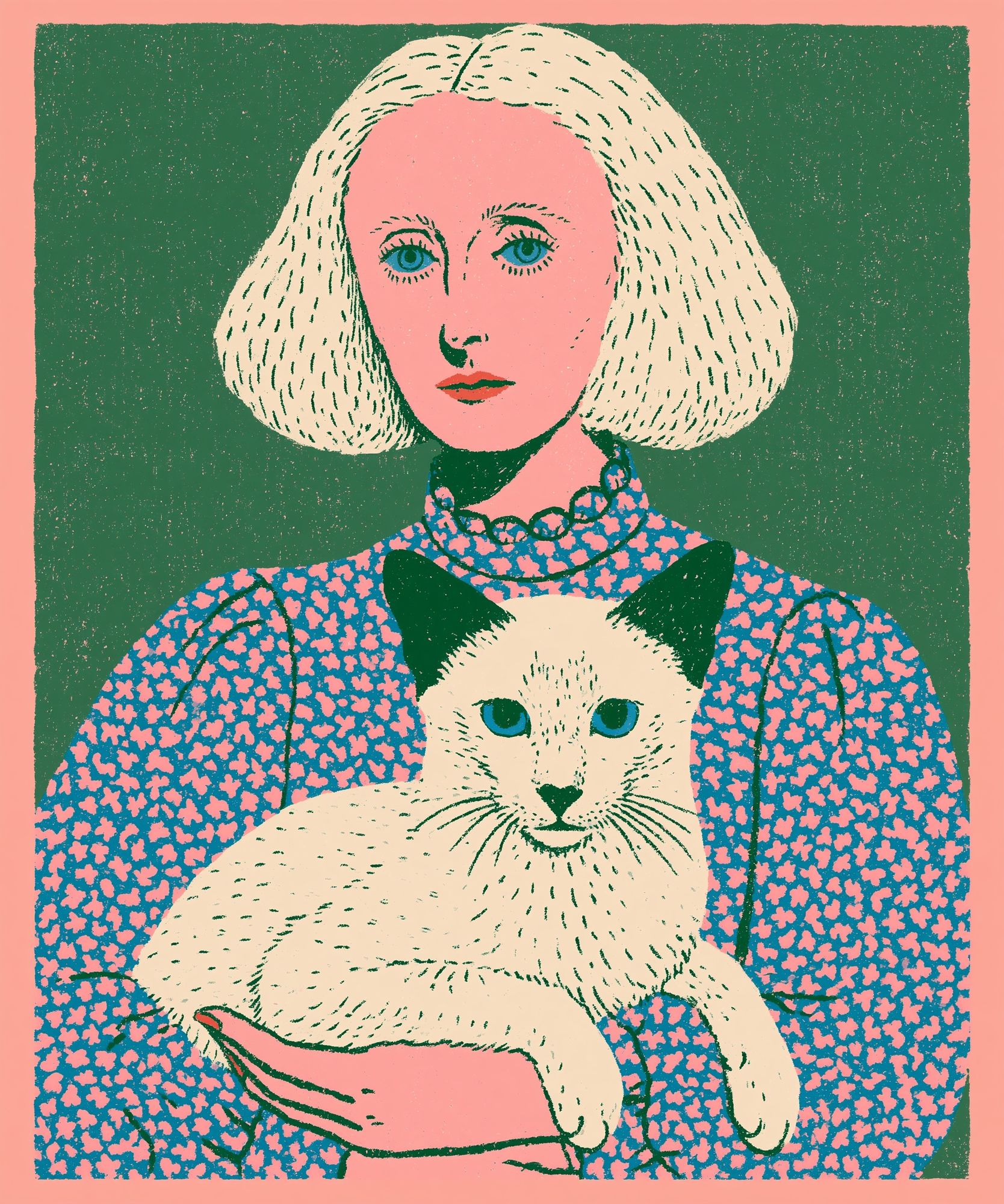 Woman with Cat Illustration Poster. poster detail