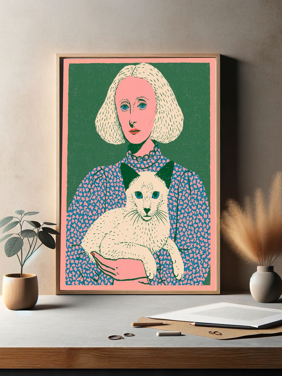 Woman with Cat Illustration Poster. — room view 2