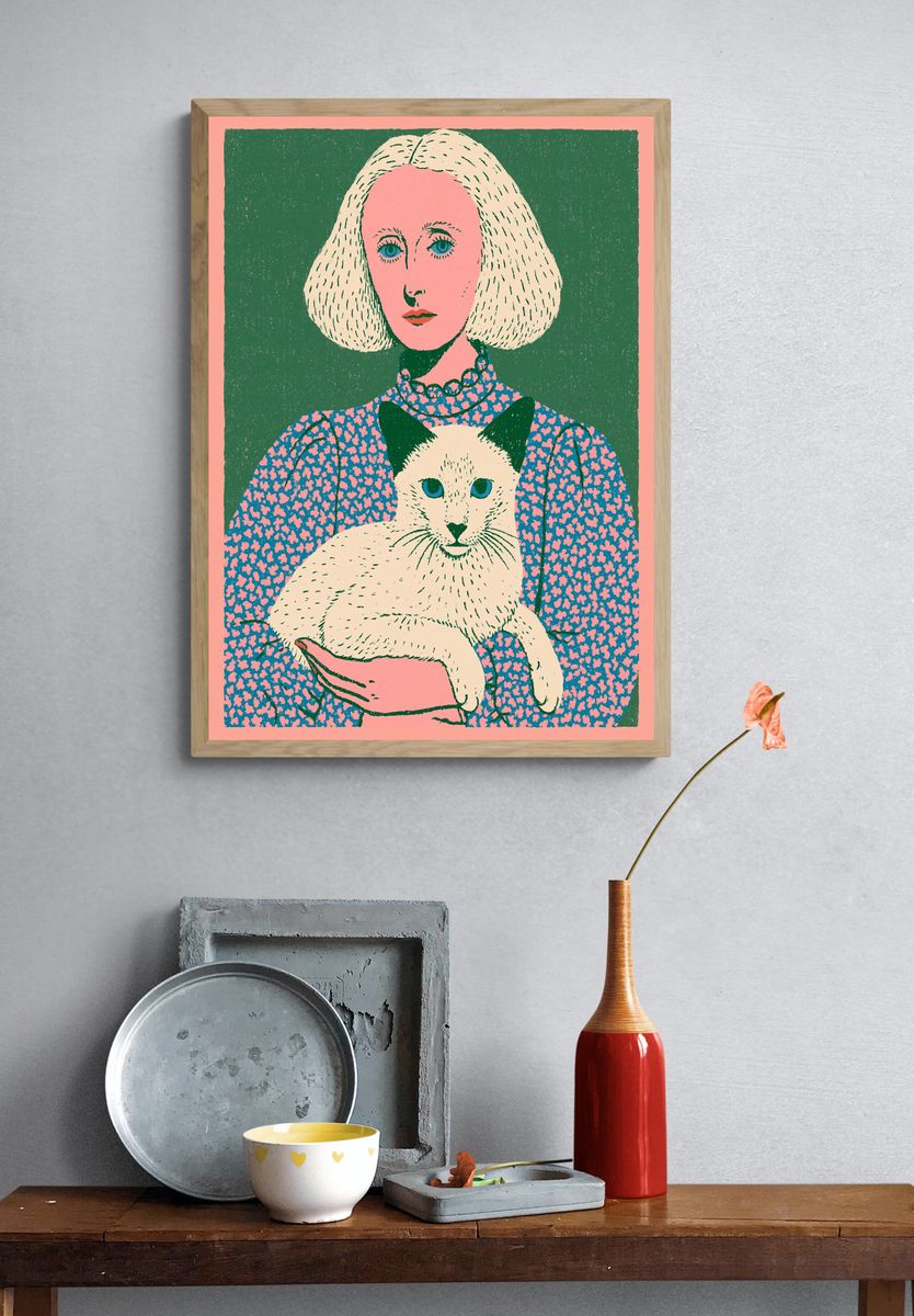 Woman with Cat Illustration Poster. — room view 3