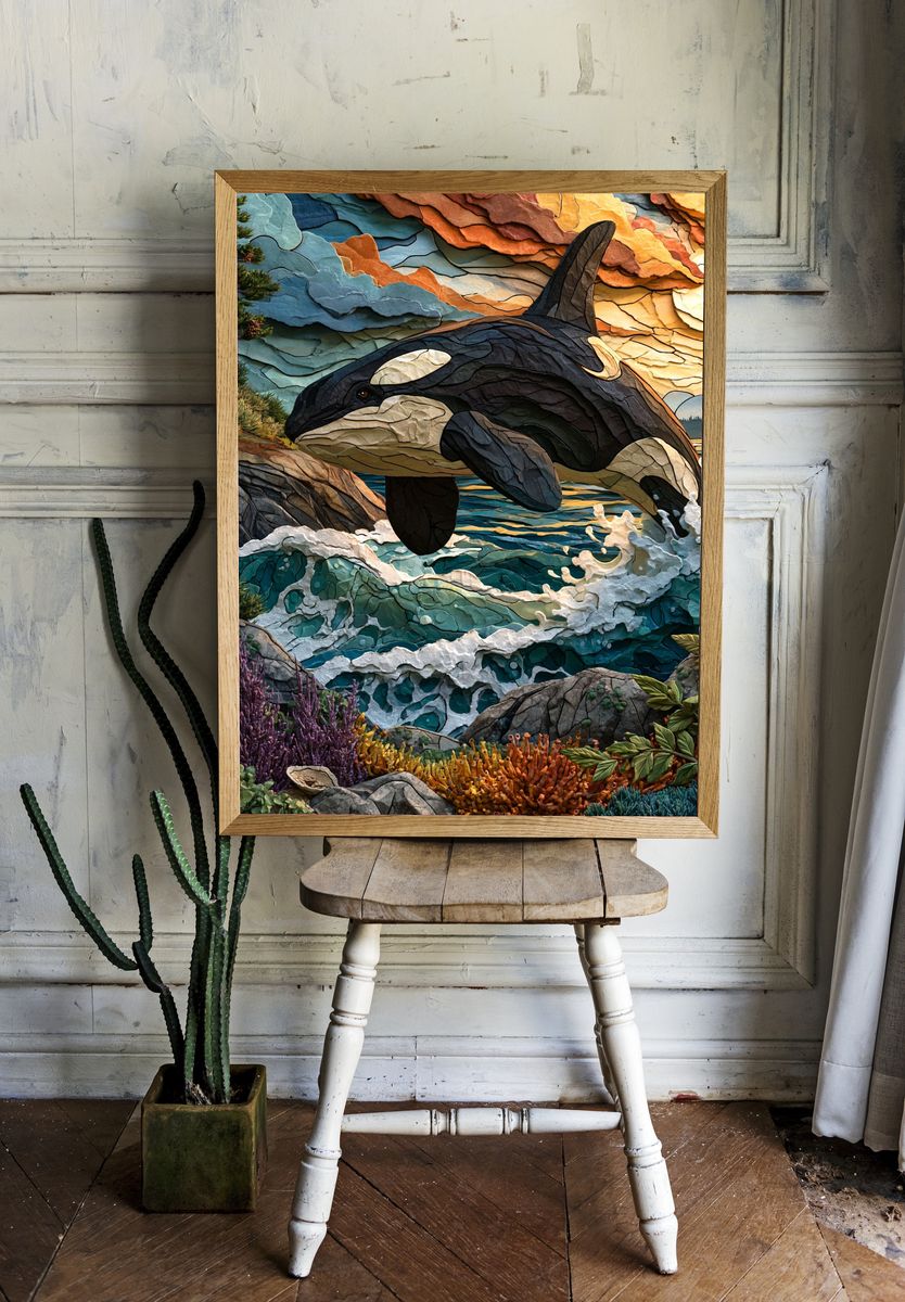 Orca Ocean Sunset Illustration Poster. — room view 1