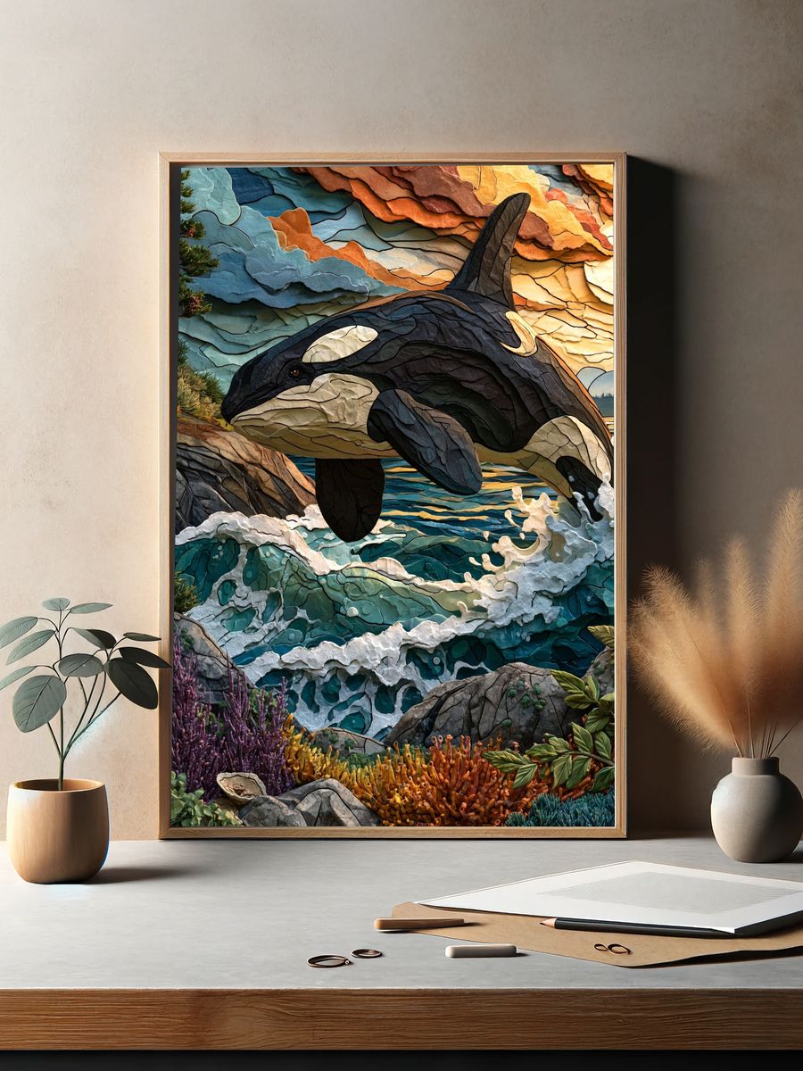 Orca Ocean Sunset Illustration Poster. — room view 2